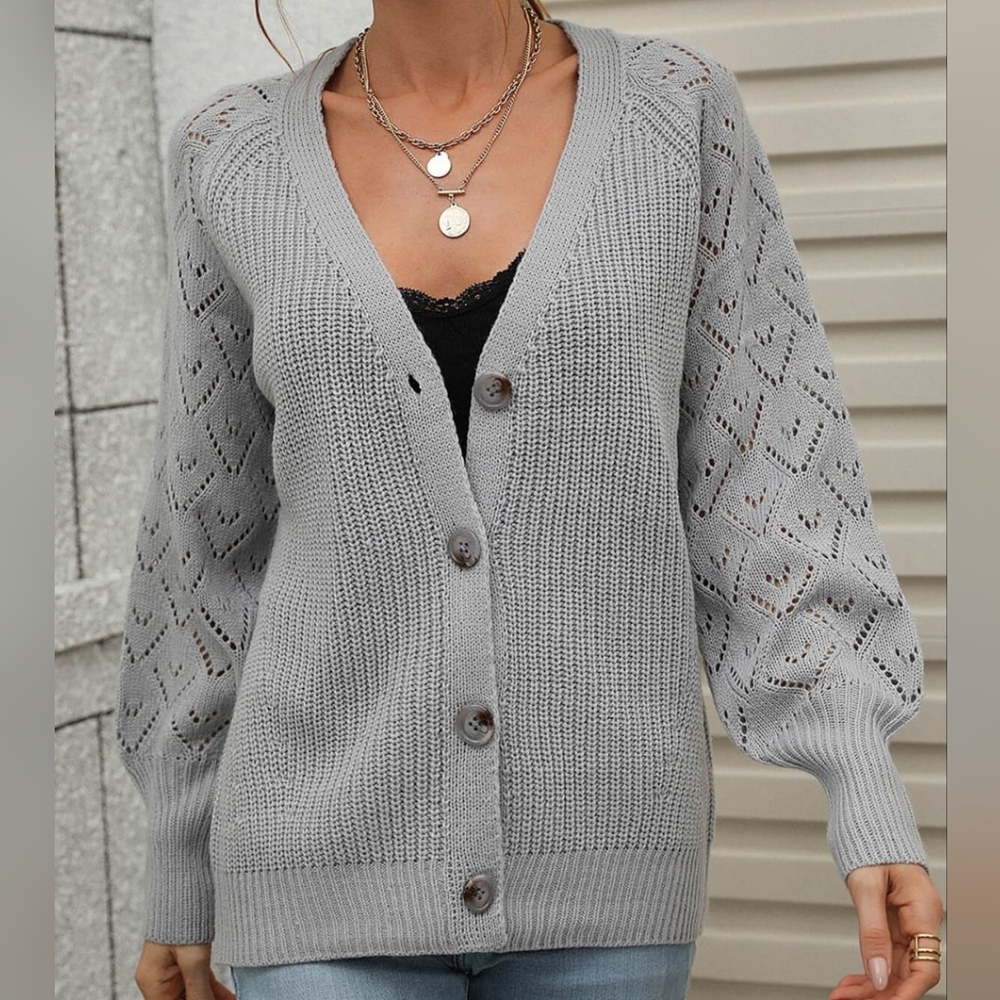 Charli Rib-Knit Raglan Cardigan - Gray - Picture 3 of 9